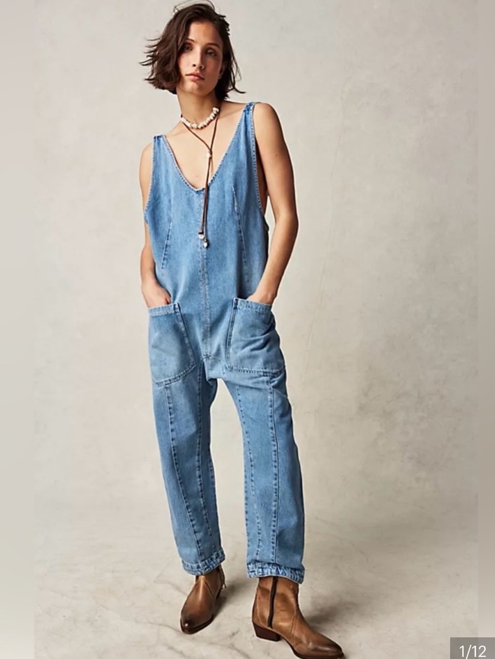 Free People Light Wash Denim Overalls in Faded Blue